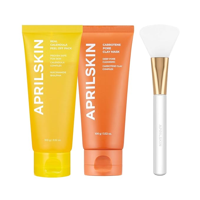 APRILSKIN Pore care & Glow Booster duo: Calendula Flower-Infused Facial Peel Off Mask, Carrotene IPMP 3-Min Quick Dry Pore Caring Clay Mask & Face Mask Applicator Jelly Brush