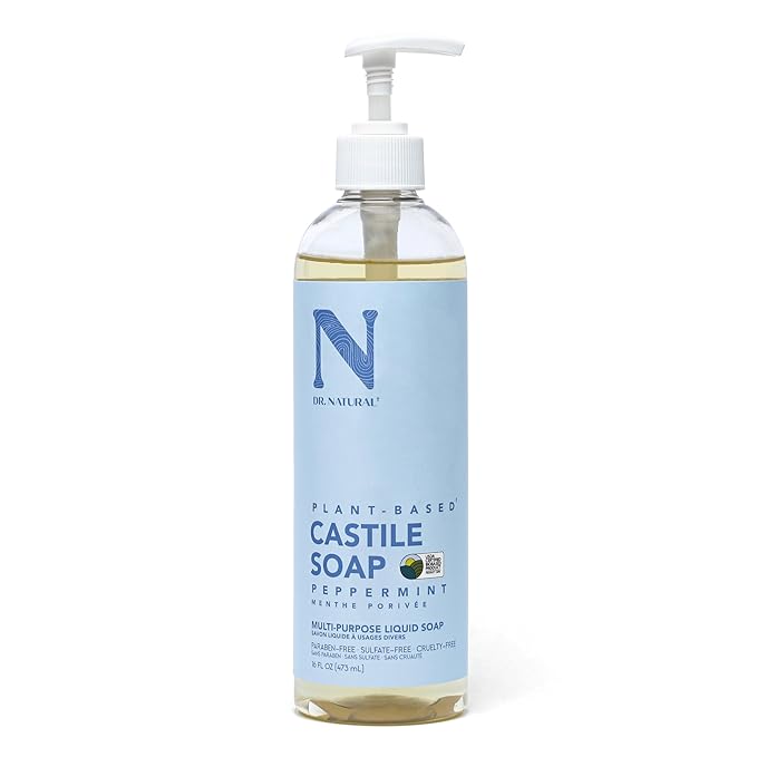 Dr. Natural Castile Liquid Soap - Multi-Use Body Wash, Shampoo and Face Wash - Hydrating Body Soap for Skin, Hair, Pets and Home - Peppermint - 16 oz