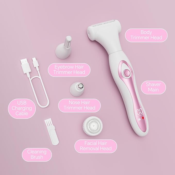 Electric Razor for Women 4-in-1 Bikini Trimmer & Body Shaver for Face, Legs, Underarms, Pubic Hair – Rechargeable Wet/Dry Painless Hair Removal with LED Display – Cordless Grooming Kit