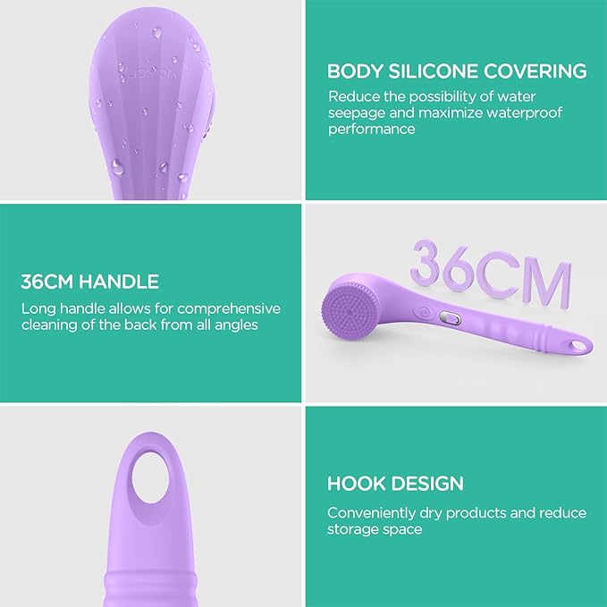 VOYOR Electric Body Brush Back Scrubber Silicone Body Scrubber Two-Way Rotating Brush Head for Deep Cleaning, Exfoliation, 4 Attachments Long Handle IPX6 Rechargeable Shower Brush BC300 (Purple)