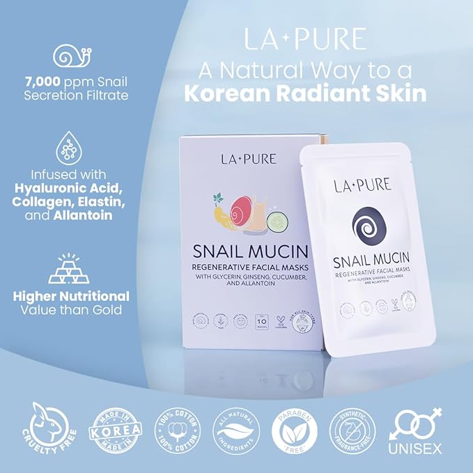 Snail Mucin Mask – 10ct Korean Sheet Mask Pack for Signs of Aging, Aid Skin Repair & Hydration – Pure Snail Mask for Face with Collagen & Hyaluronic Acid – Cruelty-Free Hydrating Sheet Mask