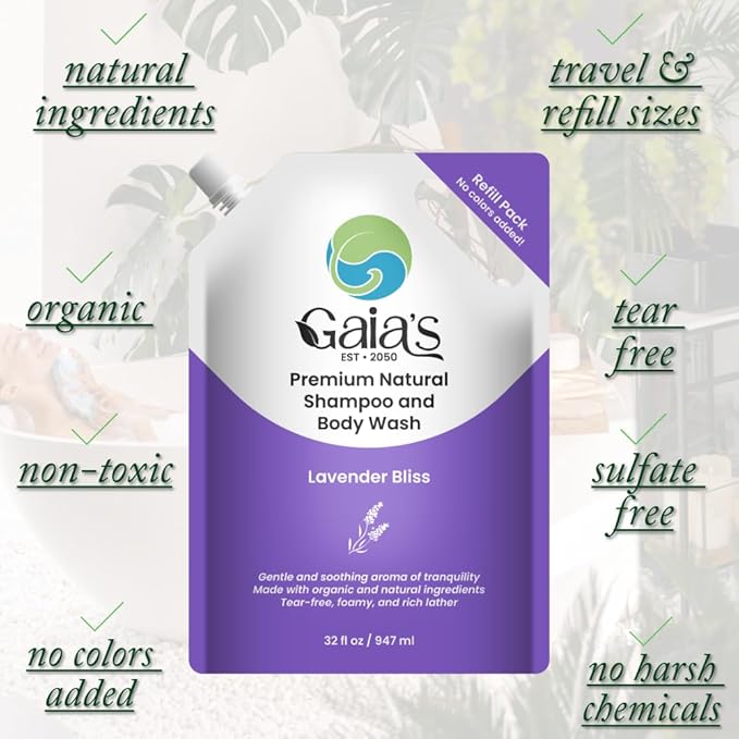 GAIA'S Natural Body Wash and Shampoo Lavender, Bulk Refill Size, 64 Fl Oz, Sulfate Free, Paraben Free, Dye Free, Tear Free, Organic and Natural Ingredients, PH Balance Feminine