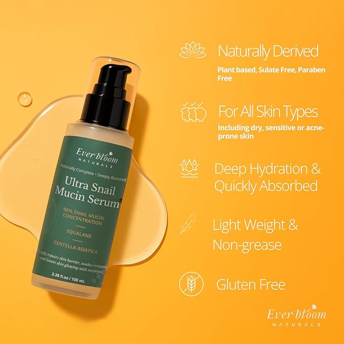 96% Snail Mucin Serum with Centella Asiatica & Squalane, Hydrating Serum for Dull Skin, Fine Lines & Acne Prone Sensitive Skin, CICA, Snail Secretion Filtrate, Korean Skincare Innovation, 3.38 oz