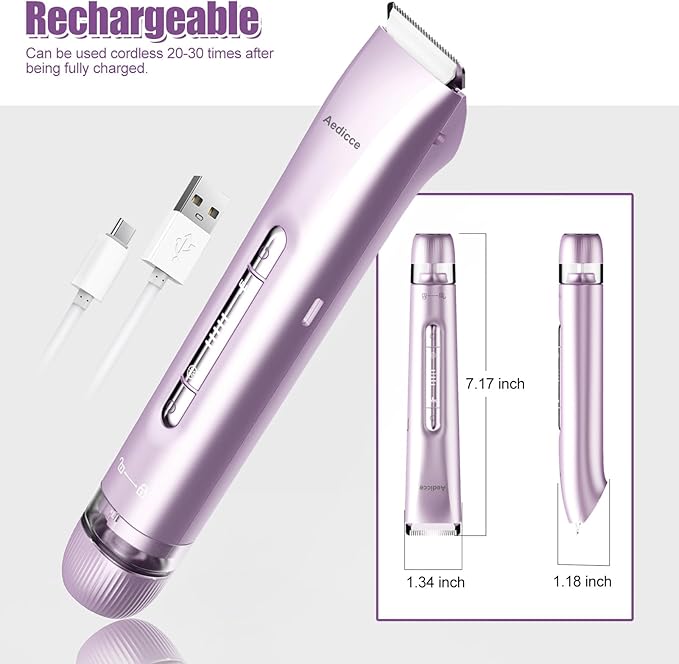 Bikini Trimmer for Women 2 in 1, Dual Head Womens Electric Shaver, Electric Razors for Pubic Hair, IPX7 Waterproof Rechargeable Facial Hair Removal for Shaving Underarm Leg Arm Body Face, Purple