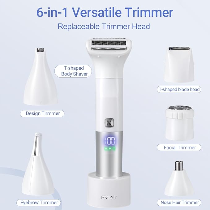 Bikini Trimmer for Women, 6-in-1 Body Hair Trimmer, Facial & Pubic Hair Removal, IPX7 Waterproof Wet & Dry Grooming Electric Shaver Kit,Cordless Travel Razor with USB Charging Dock
