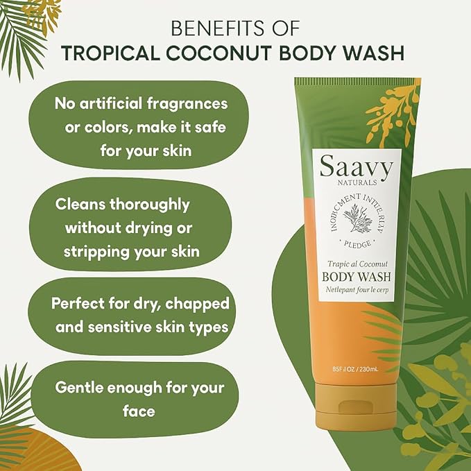 Saavy Naturals Tropical Coconut Body Wash, Moisturizing Shower Gel for Men & Women, Vegan Formula with Coconut Oil, Shea Butter, and Aloe Vera - 8.5 Fl Oz, 2 Pack Made in the USA