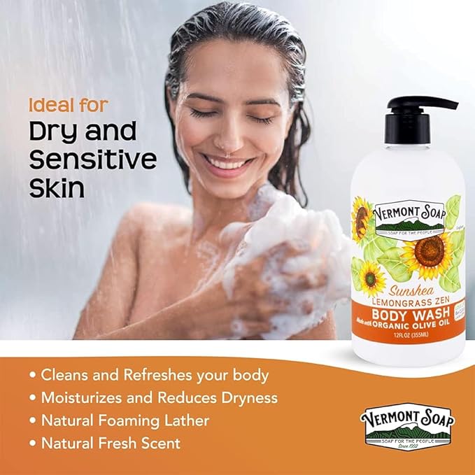 VERMONT SOAP Body Wash, Natural Body Wash with Shea Butter, Mild Gel Body Wash for Moisturizing and Soothing Skin, Fragrance Free Body Wash for Women & Men (Lemongrass Zen, 12oz)