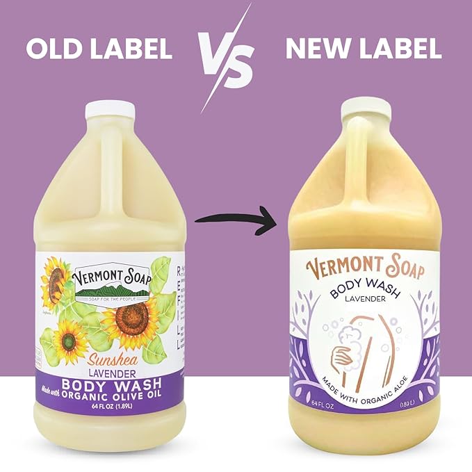 VERMONT SOAP Natural Body Wash with Shea Butter, Mild Gel Body Wash for Moisturizing and Soothing Skin, Fragrance Free Body Wash for Women & Men (Lavender, 64oz)