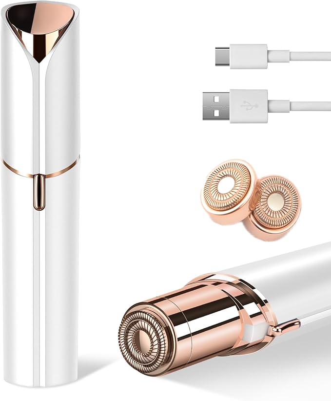 Facial Hair Removal for Women- as Seen on TV Painless Face Shaver -Painless Womens Facial Hair Remover with 2 Replacement Heads, Lipstick-Sized, USB Rechargeable（White）