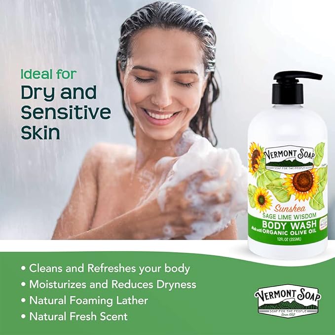 VERMONT SOAP Body Wash, Natural Body Wash with Shea Butter, Mild Gel Body Wash for Moisturizing and Soothing Skin, Fragrance Free Body Wash for Women & Men (Sage Lime Wisdom, 12oz)