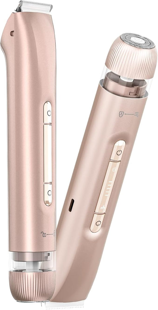 Bikini Trimmer for Women, 2 in 1 Electric Razors for Women Painless Body and Facial Hair Removal, IPX7 Waterproof Wet & Dry Use Bikini Trimmer for Ladies Pubic, Legs, Face, Underarms (Pink)
