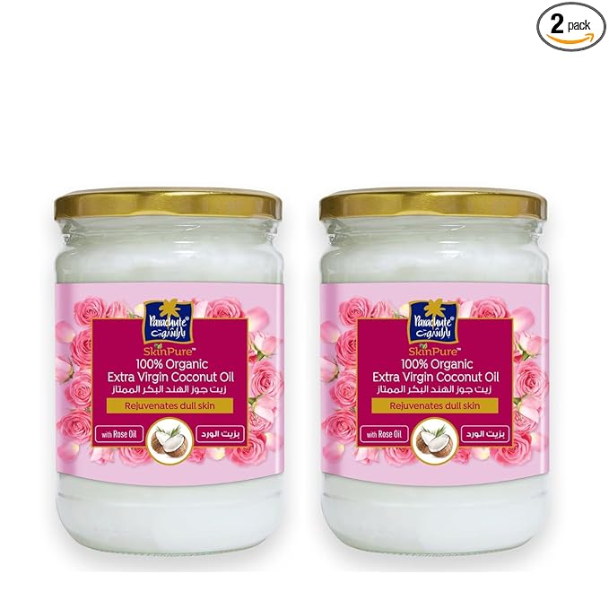 Parachute Advansed SkinPure 100% Organic Extra Virgin Coconut Oil with Rose Oil |Face & Body Oil Moisturizer |Boosts Collagen| Cold Pressed | 6.7 fl.oz | Glass Jar (Pack of 2)