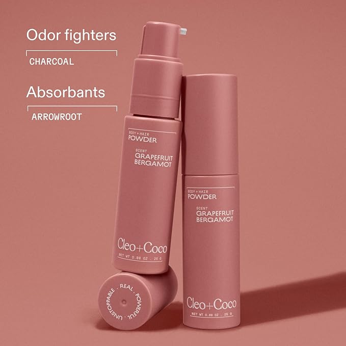 Cleo+Coco - Natural Dry Shampoo Powder - For Body & Hair for Women - Absorb Odor & Sweat - Essential Oils & Arrowroot Powder - Free of Talc & Parabens - PCR - Made in USA - Grapefruit Bergamot 0.88oz