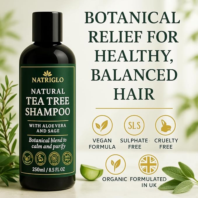 Organic Tea Tree Oil Shampoo | Anti Dandruff | Sulfate Free Shampoo for Itchy Scalp, Dry, Flaky Hair | Sensitive Scalp Care | Natural, Vegan, SLS Free, Cruelty Free | Women | Men