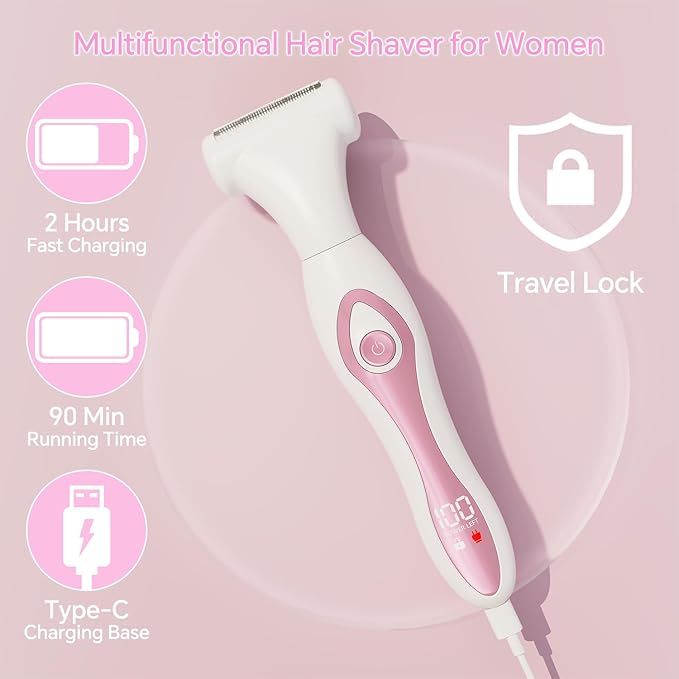 Electric Razor for Women 4-in-1 Bikini Trimmer & Body Shaver for Face, Legs, Underarms, Pubic Hair – Rechargeable Wet/Dry Painless Hair Removal with LED Display – Cordless Grooming Kit