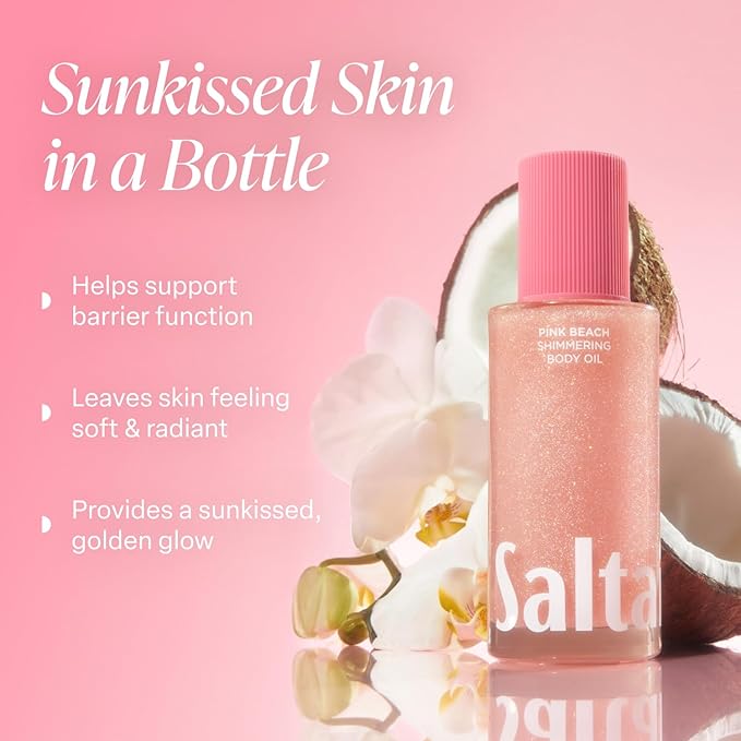 Saltair Shimmering Body Oil - Pink Beach Scented Dry Oil Moisturizer with Light-Reflecting Pearl Pigments. Moisturizing Glow for All Skin Types - 4 Fl Oz