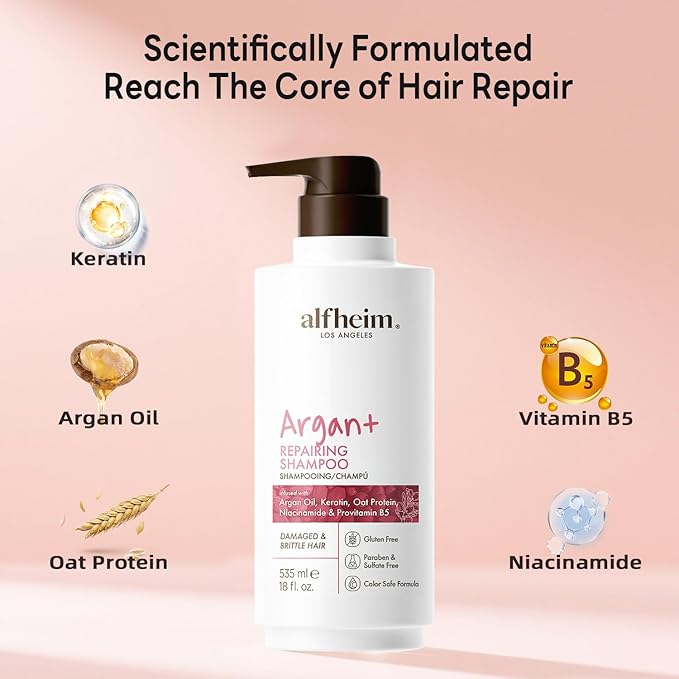 Alfheim Argan+ Repairing Shampoo | Argan Oil & Keratin for Dry, Damaged & Brittle Hair | Deep Nourishing & Strengthening | Sulfate-Free, Color-Safe & Frizz Control | 18 fl oz