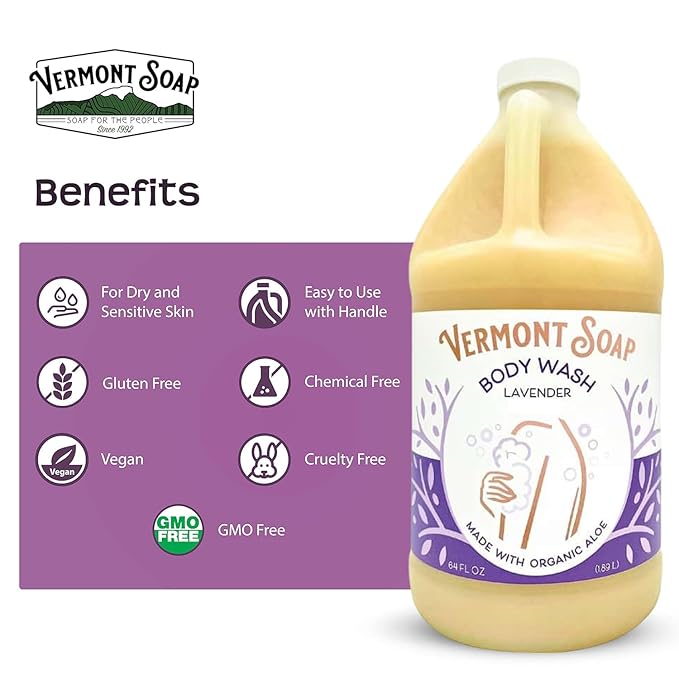 VERMONT SOAP Natural Body Wash with Shea Butter, Mild Gel Body Wash for Moisturizing and Soothing Skin, Fragrance Free Body Wash for Women & Men (Lavender, 64oz)