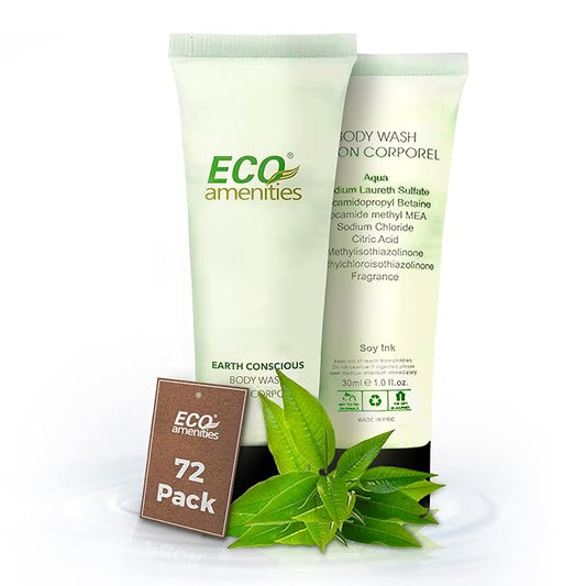 ECO amenities Body Wash Tubes - 1 fl oz, Pack of 72 - Green Tea Travel Toiletries & Exfoliating Shower Gel - Liquid Soap Body Wash - Cruelty-Free Bulk Toiletries