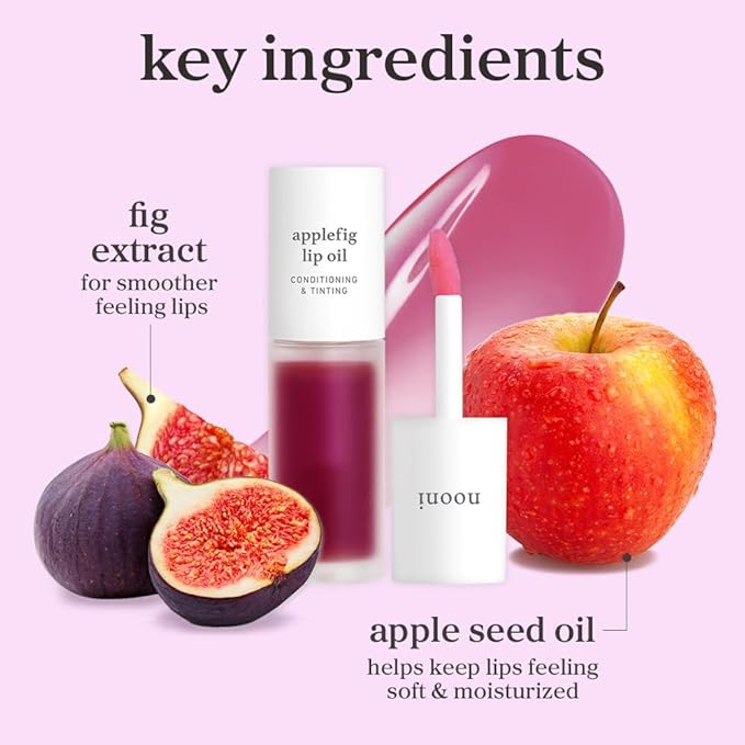NOONI Korean Lip Oil - Applefig | Long-Lasting, Moisturizing, Plumping, Revitalizing for Dry Lips, Waterproof, No Peel Off, Hydrating, Nourishing Crystal Clear, 0.12 FL Oz