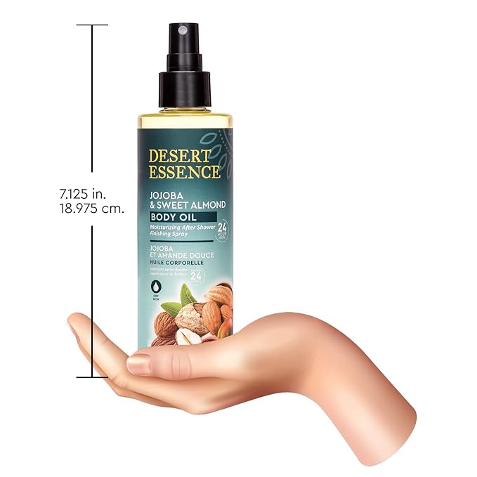 Desert Essence, Jojoba & Sweet Almond Body Oil Spray, 8.28 fl. oz. - Gluten-Free, Vegan, Cruelty Free - 24hour Moisture, Soothes Skin, Perfect for Sensitive Skin, Illuminating Body Spray