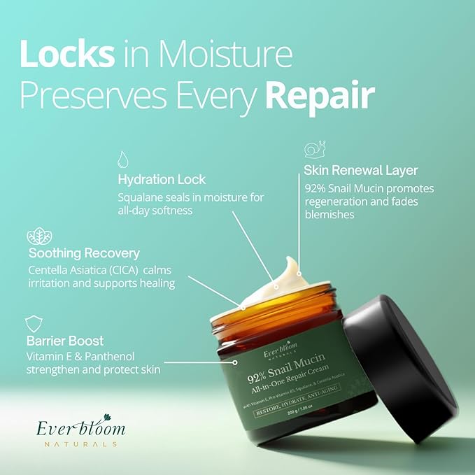 92% Snail Mucin Face Moisturizer Cream Large 7oz with Centella Asiatica, Squalane & Vitamin E, Lightweight Hydrating Korean Skin Care, Repair Cream for Dull Skin, Fine Lines, Acne Sensitive Skin, CICA