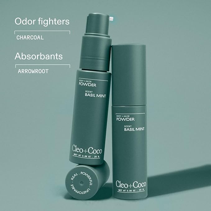 Cleo+Coco - Natural Dry Shampoo Powder - For Body & Hair - For Women - Absorbs Odor & Sweat - Essential Oils & Arrowroot Powder - Free of Talc & Parabens - PCR - Made in USA - Basil Mint - 0.88oz