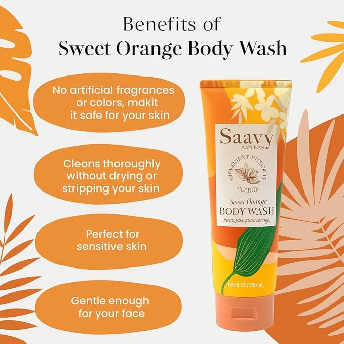 Saavy Naturals Sweet Orange Body Wash, Moisturizing Shower Gel for Men & Women, Vegan Formula with Coconut Oil, Shea Butter, and Aloe Vera - 8.5 Fl Oz, 2 Pack Made in the USA
