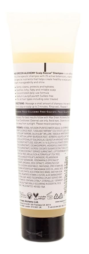 Max Green Alchemy Scalp Rescue Shampoo | No Parabens, Sulfates, PEGs or Quats. Natural Herbal Scent For All Hair Types. With Lemon Tea Tree For Healthy & Lustrous Hair. (5.5 Oz (Pack of 1))