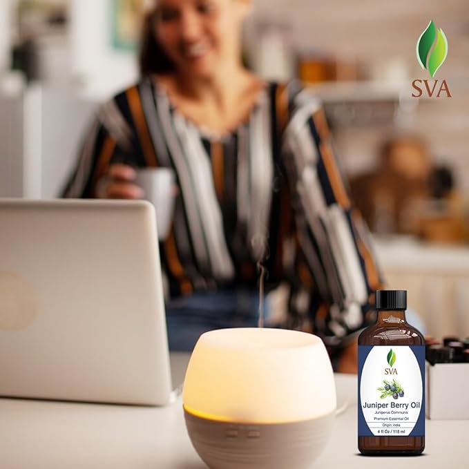 SVA Juniper Berry Essential Oil – 4 Fl Oz – 100% Natural Juniper Oil - for Diffuser, Hair Care, Face, Skin Care, Aromatherapy, Scalp and Body Massage, Soap and Candle Making – with Dropper