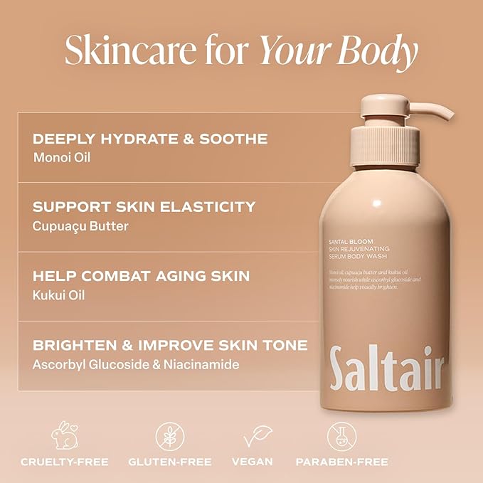 Saltair Body Wash, Santal Bloom 2-Pack. Moisturizing Body Cleanser with Monoi Oil and Cupuacu Butter. Luxury Shower Gel for Women. Vegan, Cruelty-Free Paraben Free. 2x 17oz Pump Bottles