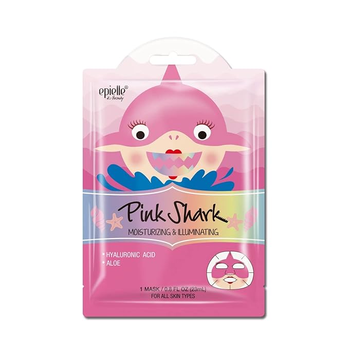 Epielle Animal Character Sheet Masks Pink Shark 6 Pack, Moisturizing Face Mask Skincare Set with Hyaluronic Acid & Aloe, Girls Spa Party Favors, Sleepover, Self Care Gifts for Women, Korean Skin Care