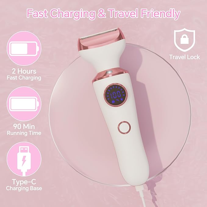 Electric Razor for Women, 4-in-1 Bikini Trimmer & Body Shaver for Face, Legs, Underarms, Pubic Hair, Rechargeable Wet/Dry Painless Hair Removal with LED Light & Travel Lock