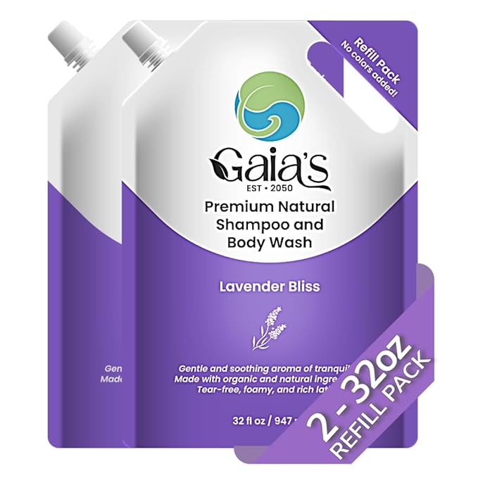 GAIA'S Natural Body Wash and Shampoo Lavender, Bulk Refill Size, 64 Fl Oz, Sulfate Free, Paraben Free, Dye Free, Tear Free, Organic and Natural Ingredients, PH Balance Feminine