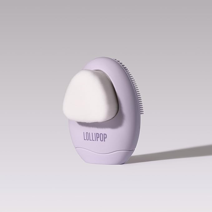 LOLLIPOP Dual-Sided Facial Cleansing Brush | Palm Size Silicone Face Exfoliator and Soft Fiber Cleanser | Manual Face Scrubber for Pores, Makeup Removal, Blackhead and Skincare Routine, Plum