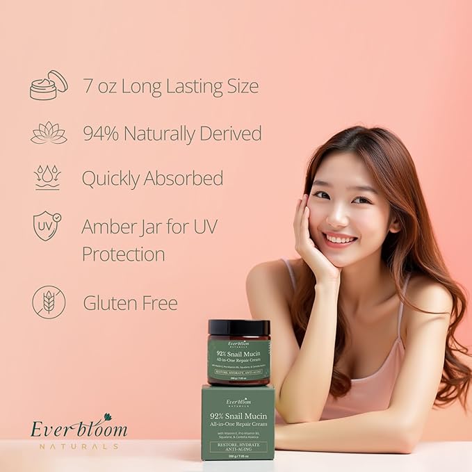 92% Snail Mucin Face Moisturizer Cream Large 7oz with Centella Asiatica, Squalane & Vitamin E, Lightweight Hydrating Korean Skin Care, Repair Cream for Dull Skin, Fine Lines, Acne Sensitive Skin, CICA