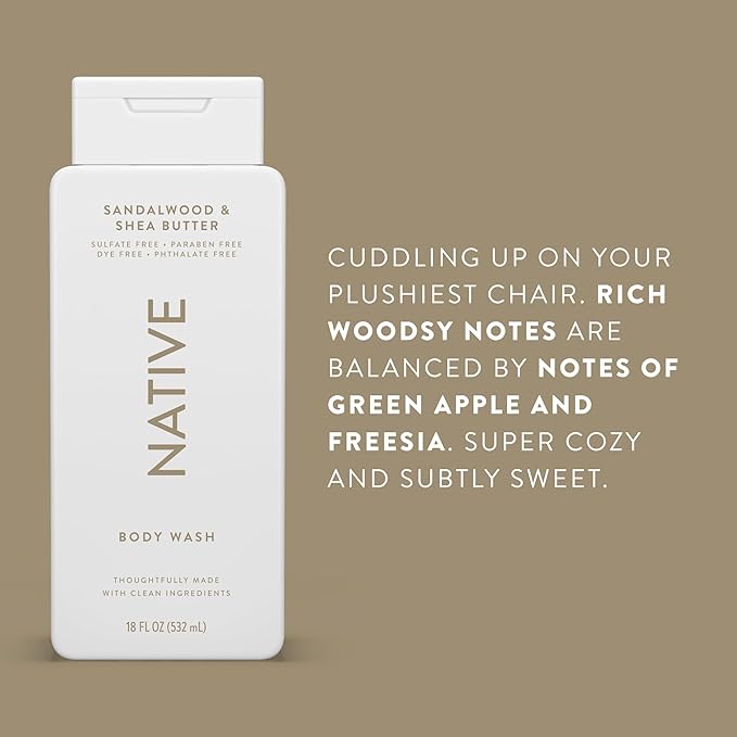 Native Body Wash Contains Naturally Derived Ingredients | For Women & Men, Sulfate, Paraben, & Dye Free Leaving Skin Soft and Hydrating | Sandalwood & Shea Butter 18 oz - 2 Pk