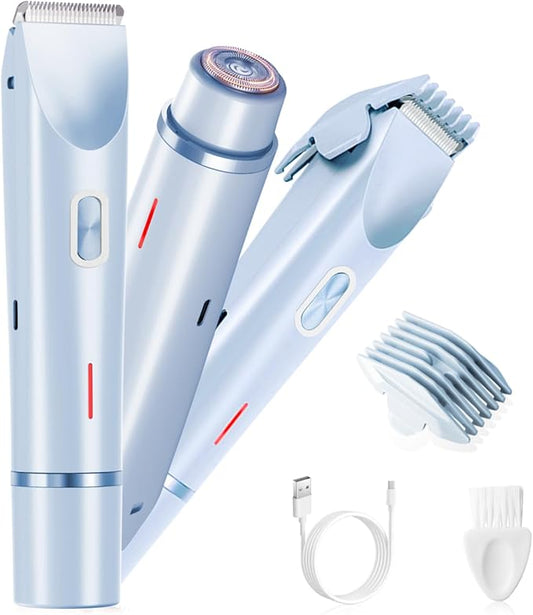 Electric Bikini Trimmer for Women, 2-in-1 Waterproof Painless Hair Removal, Face Body Private Area Shaver, Blue