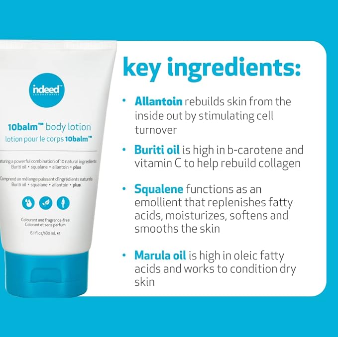 INDEED LABS 10Balm Body Lotion, Ultra Hydrating Daily Body Moisturizer for Dry Irritated Skin, Moisturizing Lotion with No Drying Alcohol, Repair and Hydrate Skin, 180ml