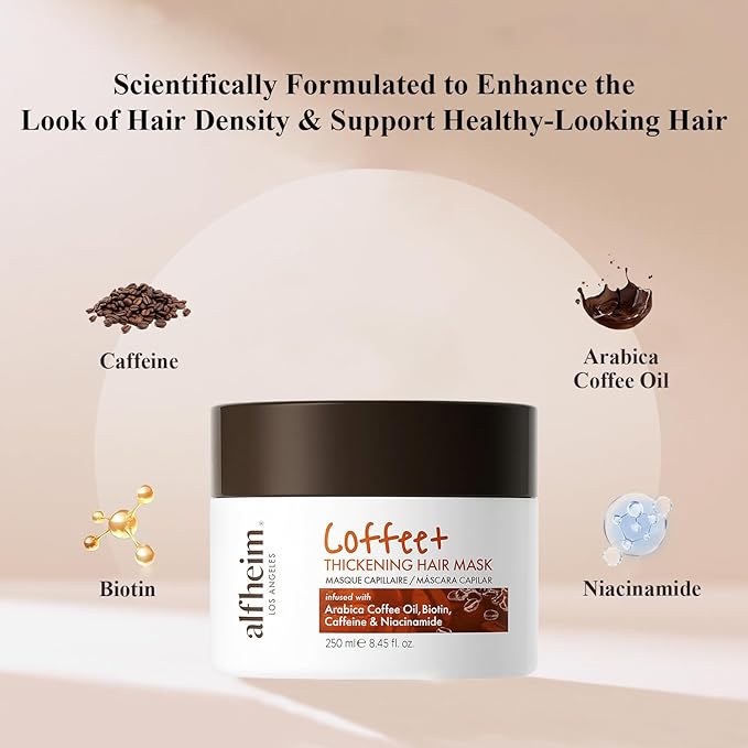 Alfheim Coffee+ Thickening Hair Mask | Biotin & Caffeine for Fine & Thinning Hair | Deep Conditioning & Strengthening Treatment | Moisturizes, Repairs & Adds Volume | Sulfate-Free & Color-Safe 8.45 oz