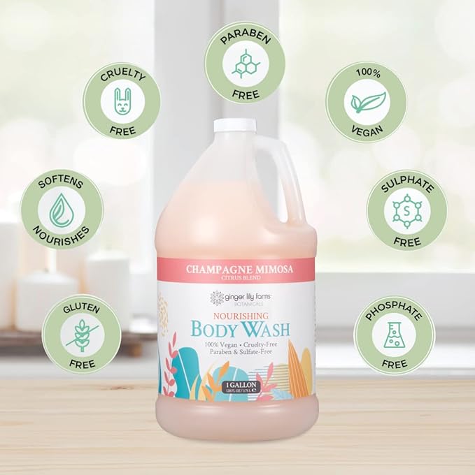 Ginger Lily Farms Botanicals Nourishing Body Wash, Champagne Mimosa, 100% Vegan & Cruelty-Free, Citrus Blend Scent, 1 Gallon Refill (Pack of 4)