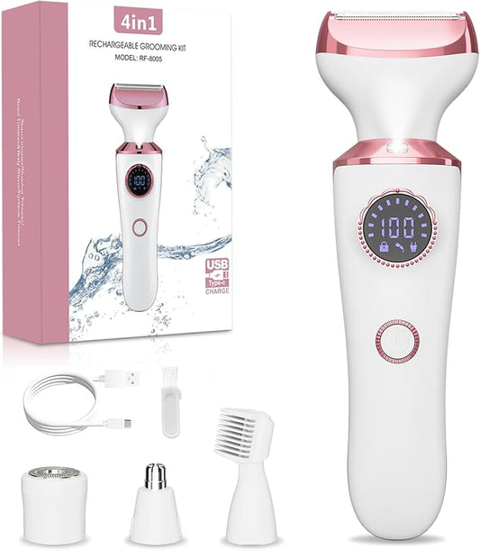 Electric Razor for Women, 4-in-1 Bikini Trimmer & Body Shaver for Face, Legs, Underarms, Pubic Hair, Rechargeable Wet/Dry Painless Hair Removal with LED Light & Travel Lock