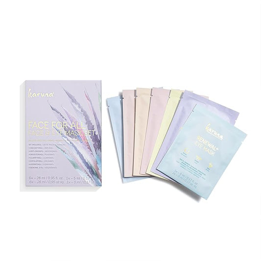 Karuna Skin - Face for All Eye & Face Mask Sets,Complete Eye & Sheet Masks Skincare Bundle, 6 Face Masks(Clarifying+,Hydrating+,Brightening+,Age-Defying+ & Anti-Oxidant+) & 1 Renewal+ Eye Sheet Mask