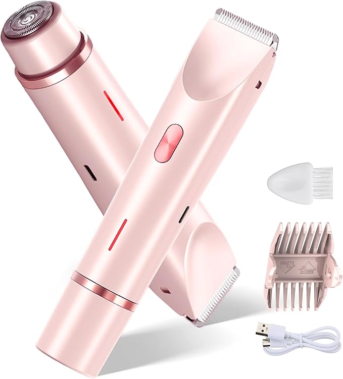 Bikini Trimmer for Women, 2 in 1 Dual-Head Electric Razors for Women Pubic Hair, Rechargeable Body Hair Shaver and Face Razor, Wet/Dry Use Waterproof Hair Removal for Bikini Face Legs Underarm Arm