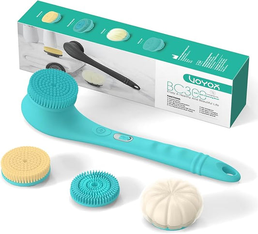 VOYOR Electric Body Brush Back Scrubber Silicone Body Scrubber Two-Way Rotating Brush Head for Deep Cleaning, Exfoliation, 4 Attachments Long Handle IPX6 Rechargeable Shower Brush BC300 (Blue)