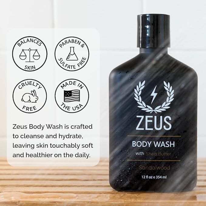 ZEUS Men's Natural Body Wash, Hydrating Shower Gel with Sandalwood Oil, Aloe Vera, Shea Butter & Invigorating Essential Oils for Skin Revitalization (Made in USA) 12 oz.