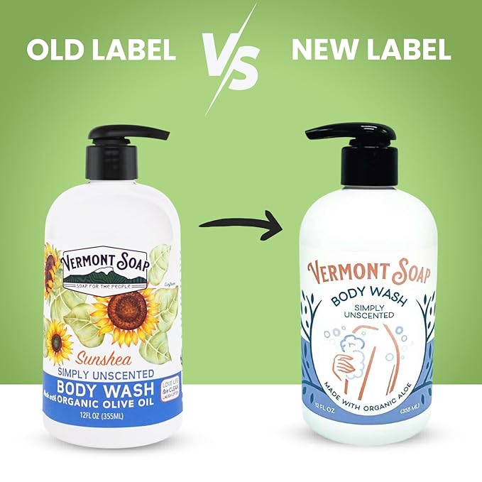 VERMONT SOAP Body Wash, Natural Body Wash with Shea Butter, Mild Gel Body Wash for Moisturizing and Soothing Skin, Fragrance Free Body Wash for Women & Men (Simply Unscented, 12oz)