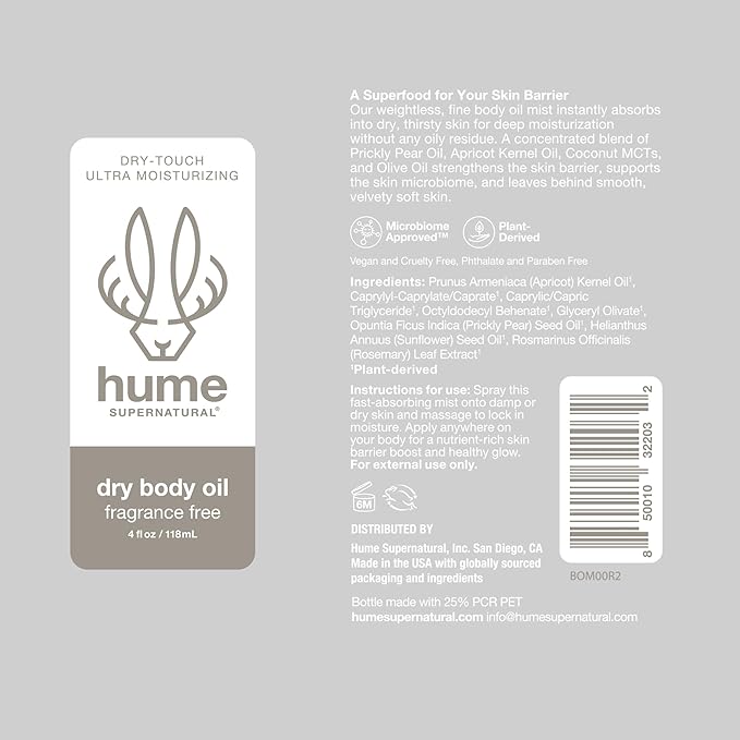 HUME SUPERNATURAL Dry Body Oil Spray - Moisturizing Oil for Dry Skin, After Shower Hydrating Body Oils for Women and Men, Nourishing, Glow, Fragrance Free, 2-Pack