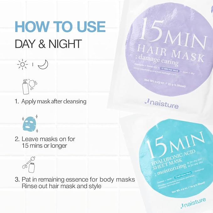 15 Min Groom Me Kit by Naisture – Korean At Home Spa Kit for Men with Hair Mask, Collagen Mask, Tea Tree Face Mask, Hyaluronic Acid Mask, and Eye Mask