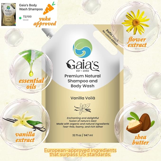 GAIA'S Natural Body Wash and Shampoo Vanilla, Bulk Refill Size, 64 Fl Oz, Sulfate Free, Paraben Free, Dye Free, Tear Free, Organic and Natural Ingredients, PH Balance Feminine